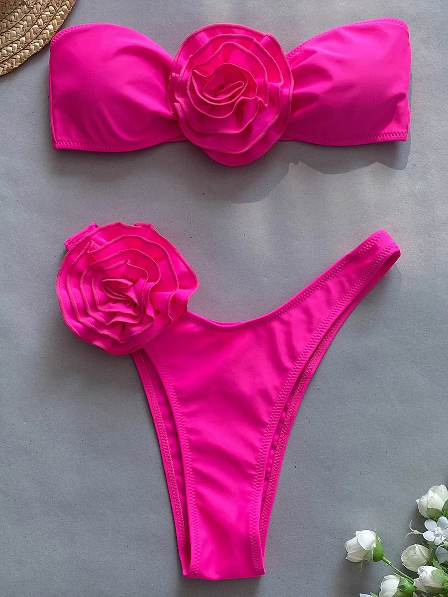 3D Blumen Bikini Damen – Bandeau Zweiteiler mit Low Waist